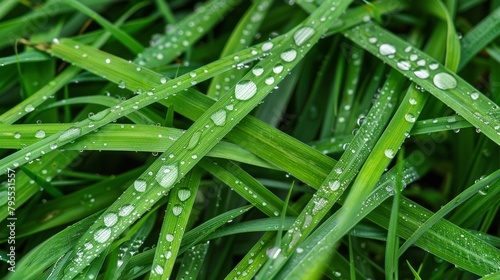 Macro View of Morning Dew on Blades of Grass