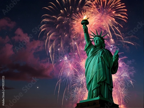 The Statue of Liberty is surrounded by fireworks in the sky
