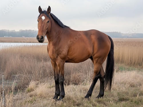 A brown horse stands in a field of tall grass. The horse is looking to the right. The grass is tall and dry, and the sky is cloudy