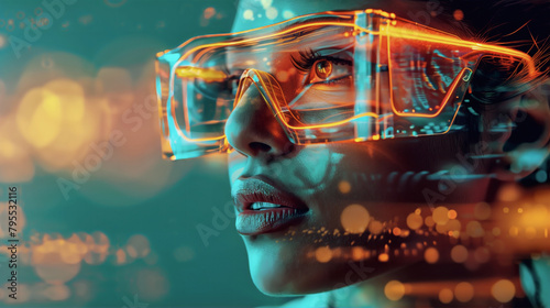 Close up of woman wearing holographic glasses