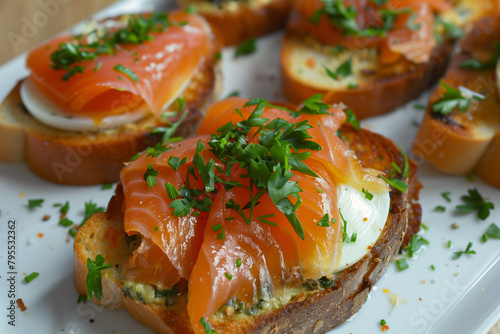 Close-Up Gourmet Smoked Salmon Bruschetta. Close-up of smoked salmon open sandwiches garnished with parsley on white plate, suitable for food blogs and menus.