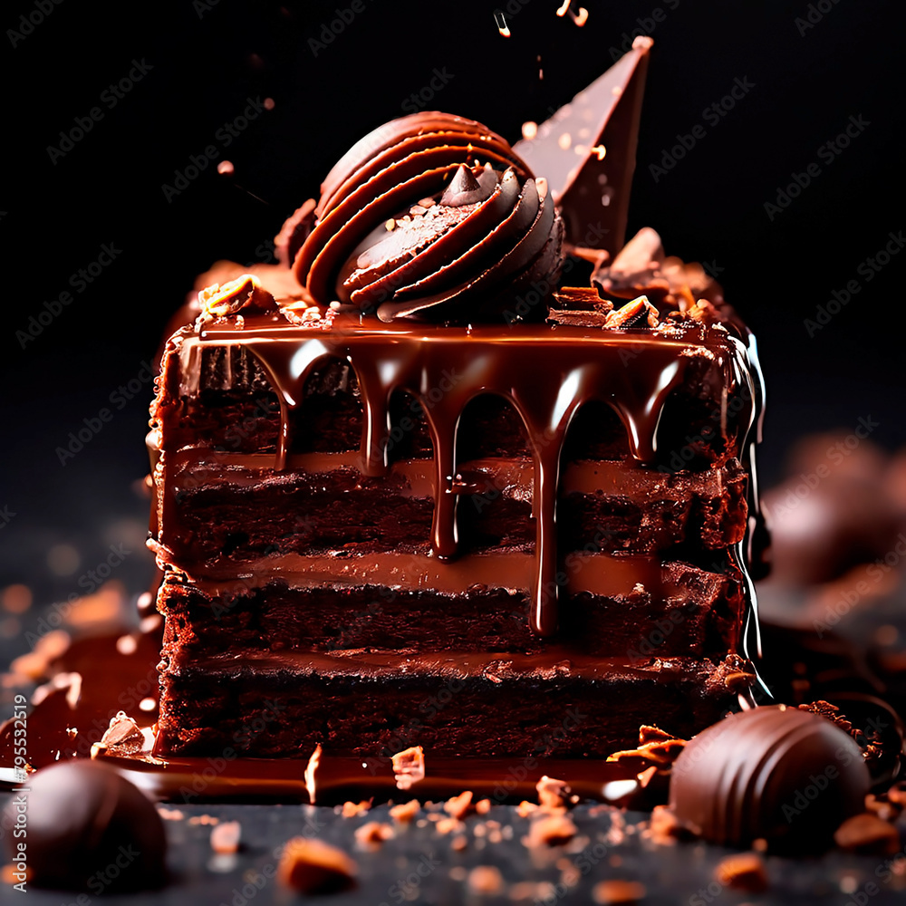 a chocolate cake with chocolate frosting and chocolate pieces on it.