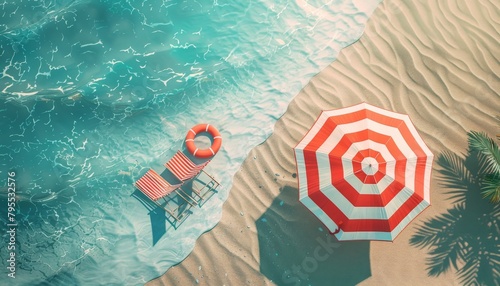 Summer time beach vibes decorated with beach umbrella, chair and rubber ring
