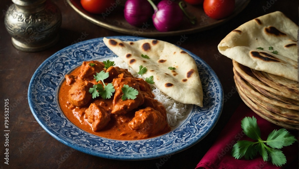 A plate of chicken tikka masala with naan