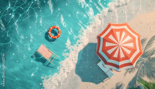 Summer time beach vibes decorated with beach umbrella, chair and rubber ring