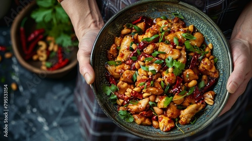 Picture diced chicken, dried chili, cucumber, and fried peanuts or cashews in a bold, spicy sauce