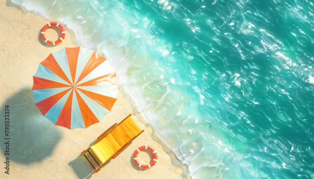 Naklejka premium Summer time beach vibes decorated with beach umbrella, chair and rubber ring