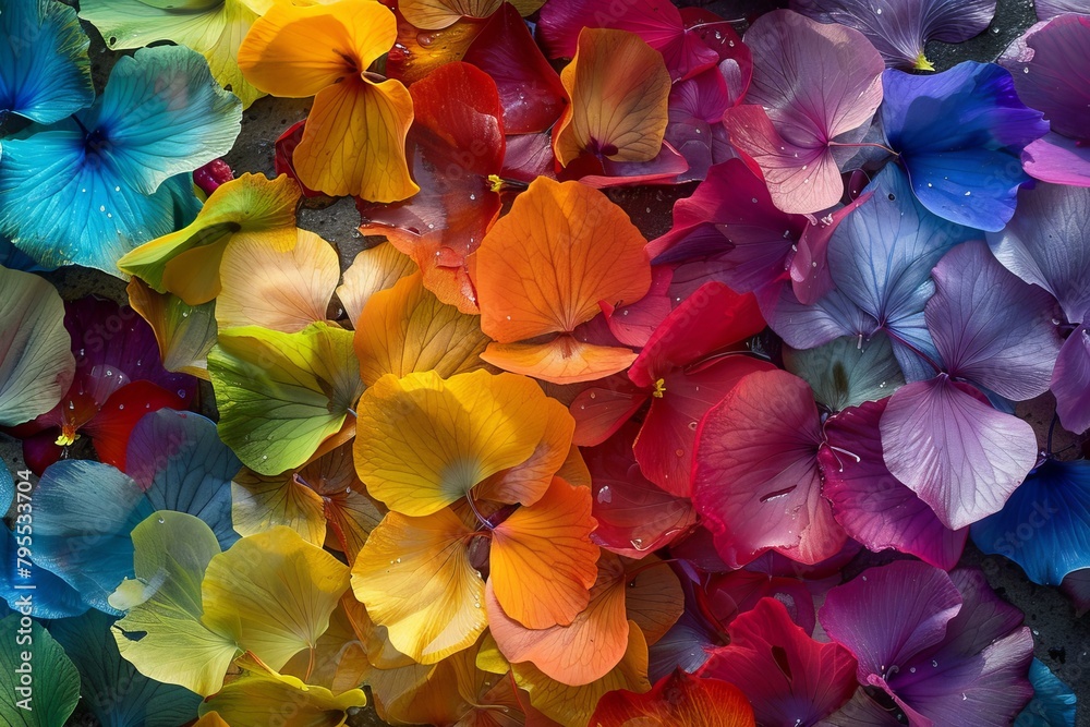 Rainbow-colored flower petals scattered transparently on the ground in a garden