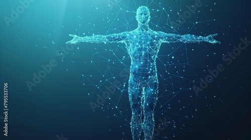Digital Vitruvian Human: Da Vinci Anatomy Body Abstract Technology Blue Background

