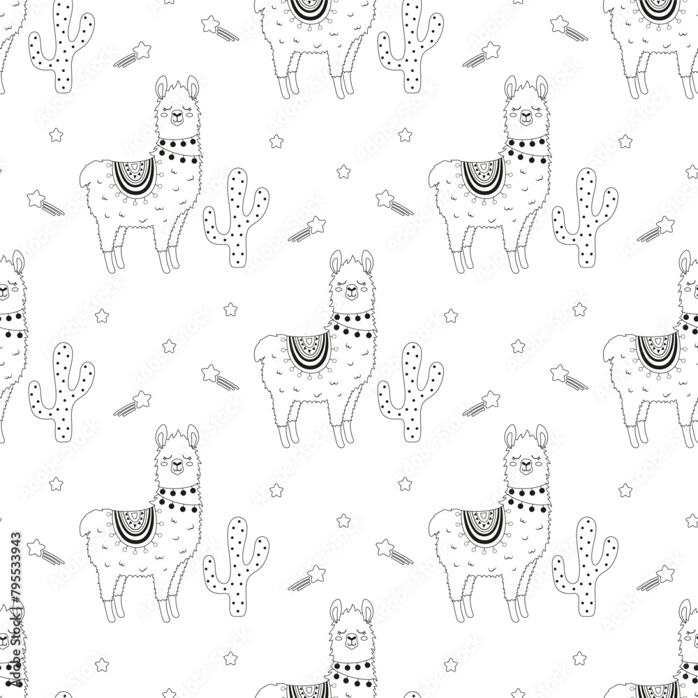Fototapeta premium outline pattern with cartoon llama