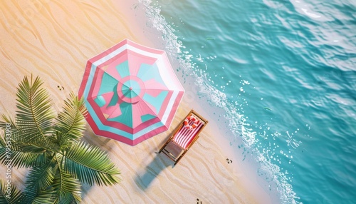 Summer time beach vibes decorated with beach umbrella, chair and rubber ring