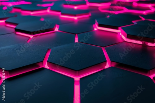 dark background with pink neon hexagons, dark blue and black, iPhone wallpaper, minimalistic design, high contrast Extreme close-up shot