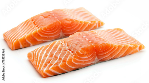 Close-Up Fresh Salmon Fillets. Close-up of fresh salmon fillets on a white background, ideal for culinary themes.