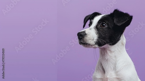 Black and White Dog Looking Thoughtfully on a Purple Background Concept of pet mindfulness and serene beauty © Picza Booth