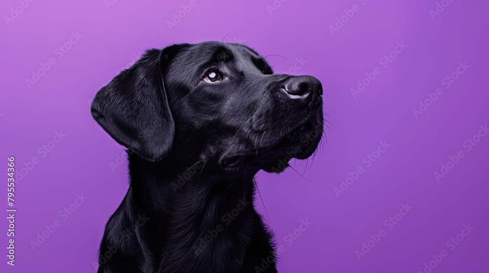 Black Labrador Retriever Looking Upwards on a Purple Background Concept of loyalty and contemplation in pets Black Labrador Retriever Looking Upwards on a Purple Background Concept of loyalty and contemplation in pets