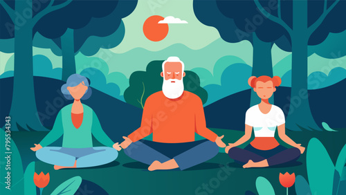 A serene forest scene with aging individuals participating in mindfulness and meditation exercises enhanced by neurofeedback technology..