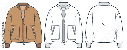 Fur Bomber Jacket technical fashion Illustration. Teddy Fur Jacket fashion technical drawing template, front zipper, pocket, front and back view, white, camel brown, women, men, unisex CAD mockup set.