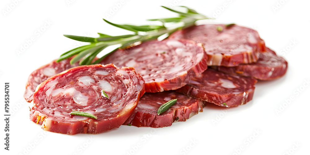 Sliced Italian salami Cold meat chorizo sausage slices isolated on white