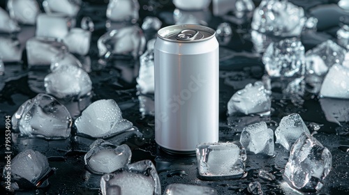 Chilled blank soda can surrounded by ice cubes on a dark background