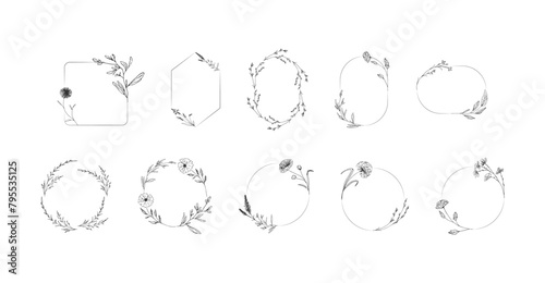 Botanical circle frame. Hand drawn round line border, leaves and flowers, wedding invitation and cards, logo design and posters template. Elegant minimal style floral vector isolated set