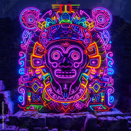 A neon sign of a skull with a face on it