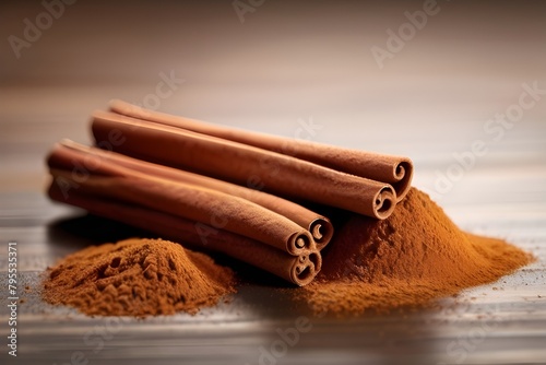 Cinnamon sticks and powder isolated on white photo