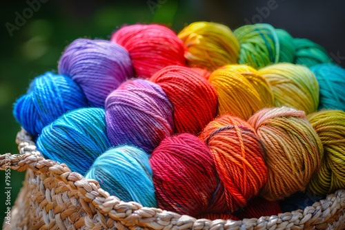 Rainbow-colored yarn skeins transparently arranged in a basket