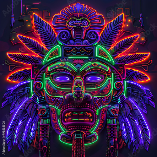 A neon lighted mask of a Native American Indian