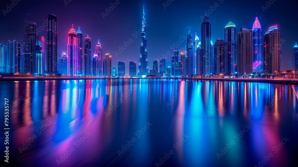 A beautiful cityscape of Dubai at night with the Burj Khalifa in the center.