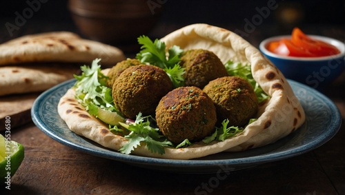 A plate of falafel with pita bread
