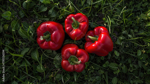 Group of red peppers on lush green field