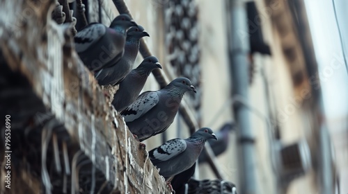 Pigeons on Ledge Overlooking Urban Scene photo