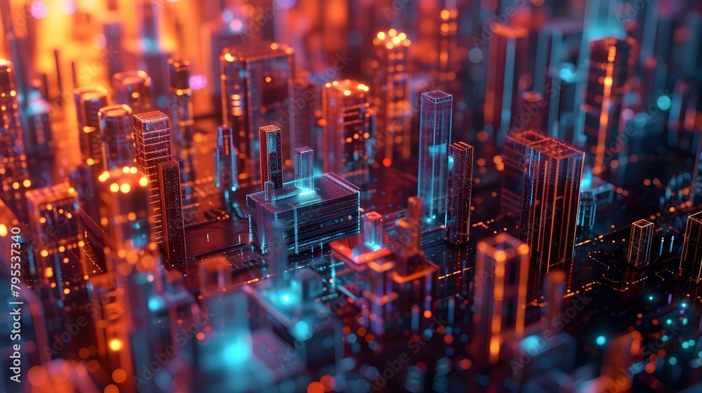 walls wrapped in digital binary codes with blue lights in the technology gateway walls wrapped in digital binary codes with blue lights in the technology gateway