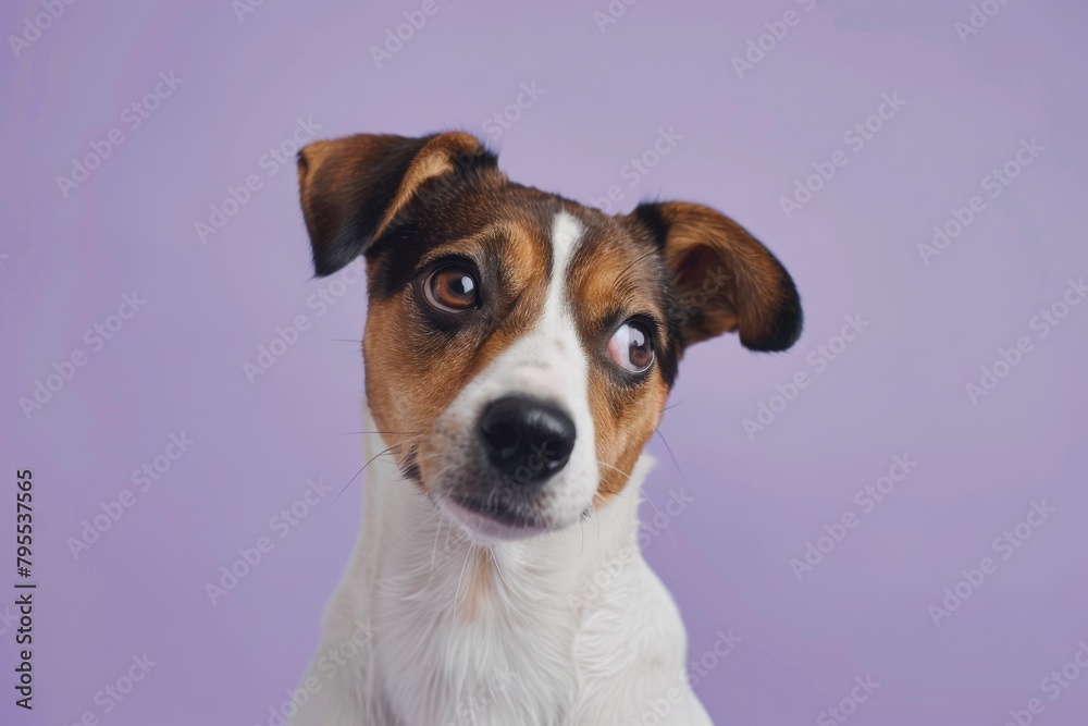 Jack Russell Terrier with an inquisitive look, standing out on a soft purple background, capturing the essence of canine curiosity Jack Russell Terrier with an inquisitive look, standing out on a soft purple background, capturing the essence of canine curiosity