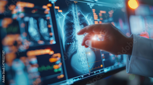 Person, hands and medical xray of lungs for asthma, cancer or tuberculosis research with anatomy hologram. Doctor, finger and healthcare with digital dashboard for medicine innovation and progress