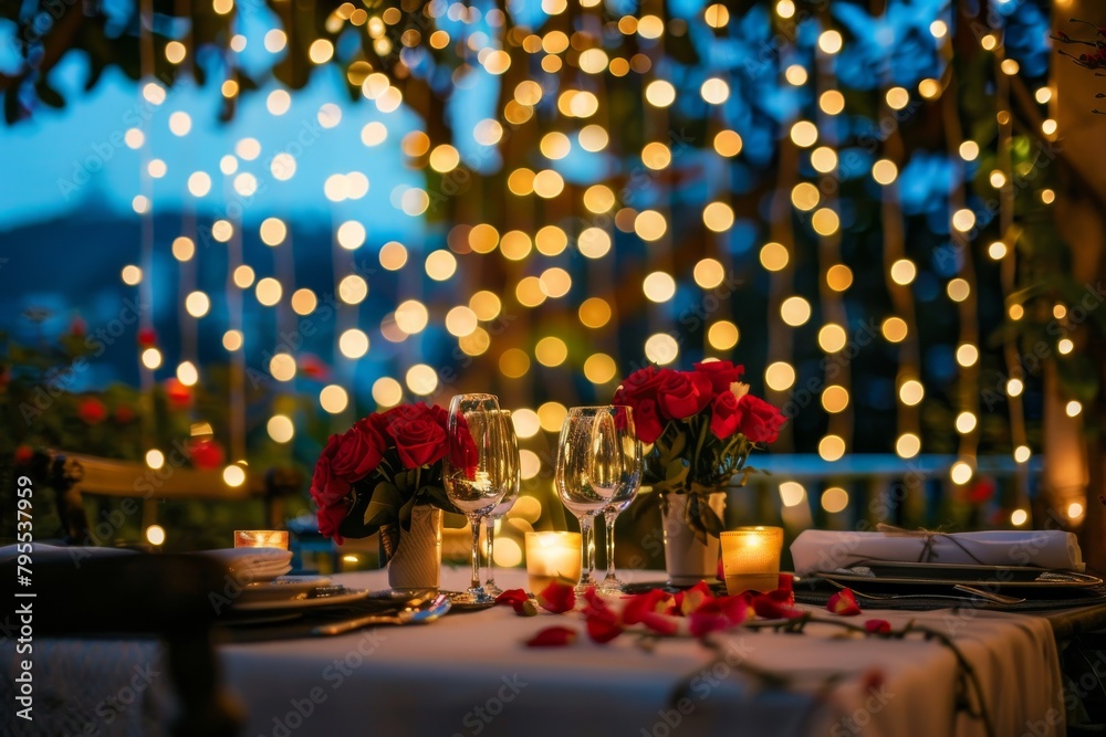 Romantic dinner setup with string lights and roses Romantic dinner setup with string lights and roses