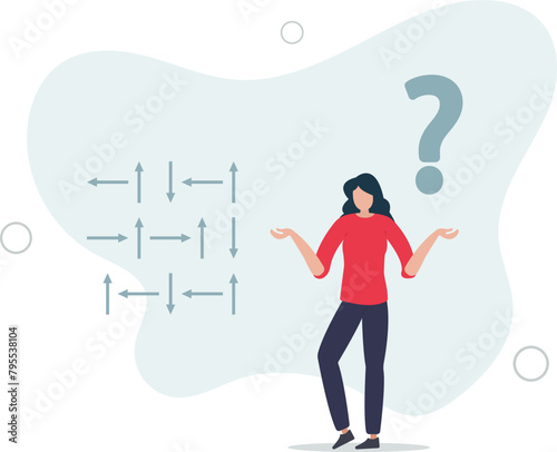 confused frustrated businesswoman look at direction arrows with question marks.flat vector illustration.