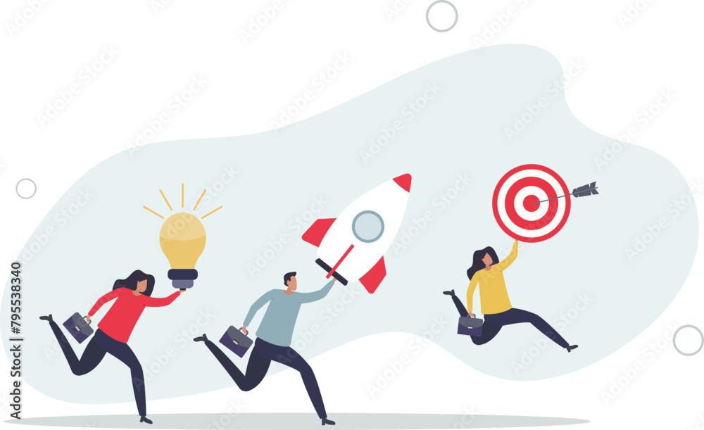 business people holding rocket ship, lightbulb idea and target plan .flat vector illustration. business people holding rocket ship, lightbulb idea and target plan .flat vector illustration.
