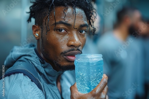 Young athlete enjoys a sports drink, glistening with sweat in gym atmosphere photo