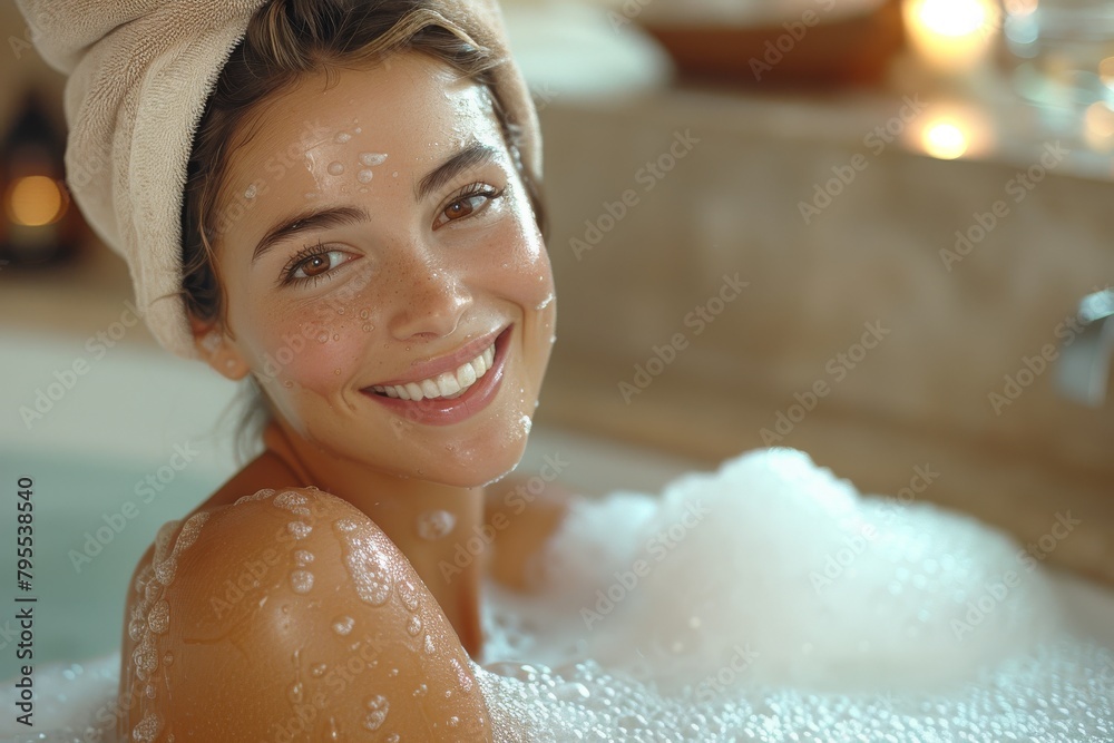 Joyous woman in bathtub, head wrapped in towel, fresh from a relaxing bath Joyous woman in bathtub, head wrapped in towel, fresh from a relaxing bath