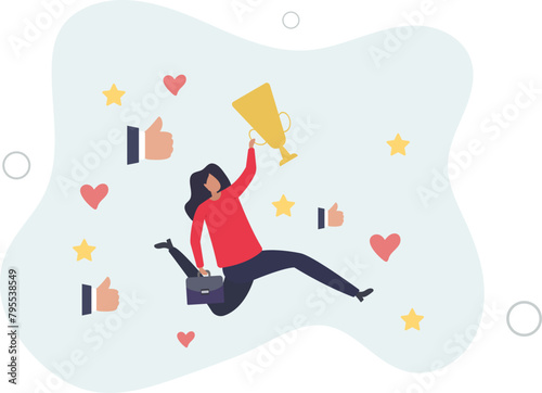 businesswoman with appreciation thumbs up applause, stars and trophy.flat vector illustration.