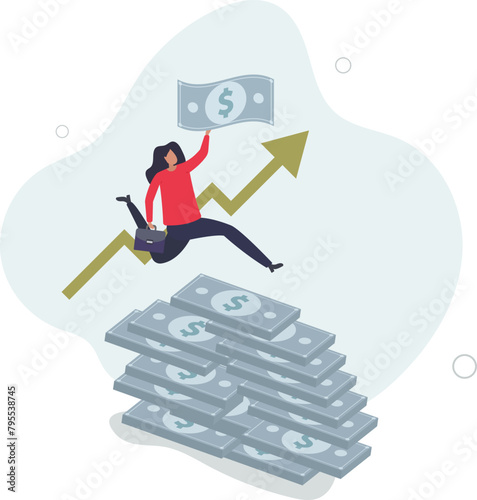 rich businesswoman jump high on money coin stack with growth graph.flat vector illustration.