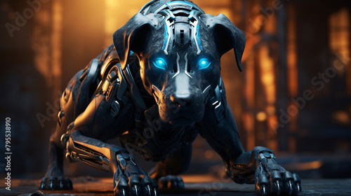Imposing cybernetic dog stands alert, its blue eyes glowing against a backdrop of warm, industrial amber tones.