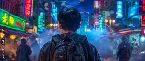 A man standing with his back turned in a busy Asian city street with neon lights. photo