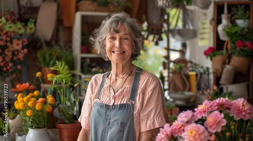 portrait of a happy adult woman who owns a flower shop, standing and smiling at the camera in front of her flower shop