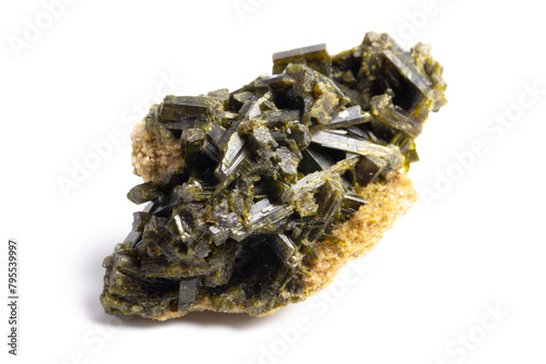Epidote Crystal, Green Variation, Semi-Transparent. Collecting and Magic Concept, Metaphysical Healing. Handmade Photo, Isolated Background, Selective Focus, Not AI