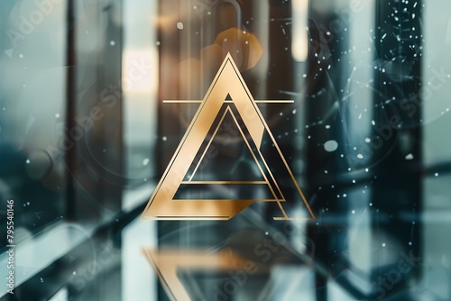 Logo, letter A inside of an isosceles triangle in the middle of a glass wall. Ai generated