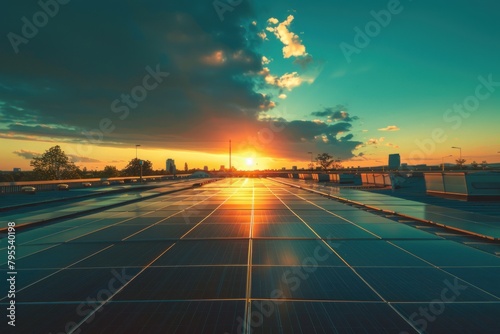 Panel solar energy photovoltaic. The sun is setting and the sky