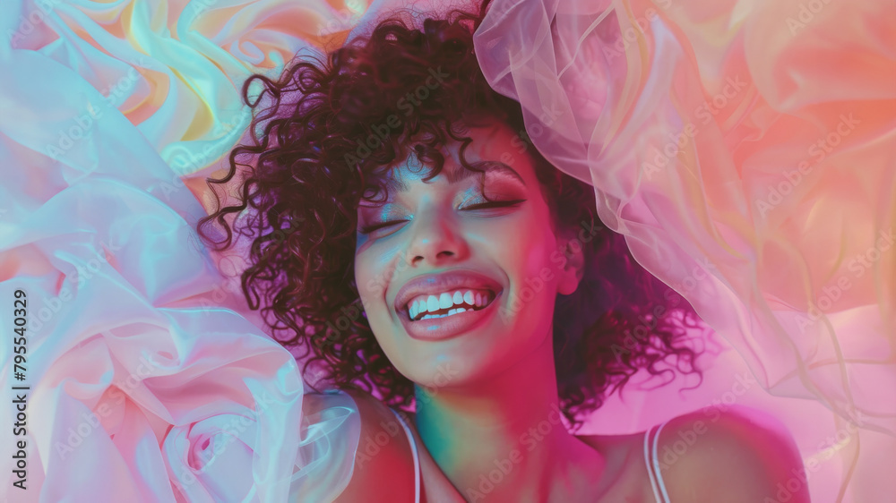 a young and elegant black woman poses in a white top, accentuating her natural Afro hairstyle in this captivating portrait, against a pink backdrop featuring abstract textures.