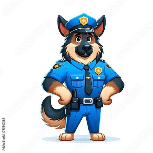 Funny shepherd dog character in blue police uniform standing on guard with paws on hips, cartoon vector illustration isolated on white background. Police dog character in uniform on guard photo